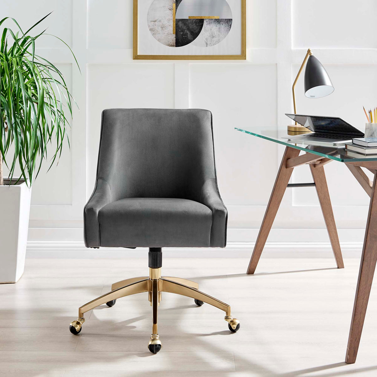 Discern Performance Velvet Office Chair gray velvet upholstery, gold metal base on Tampa Home & Garden Store