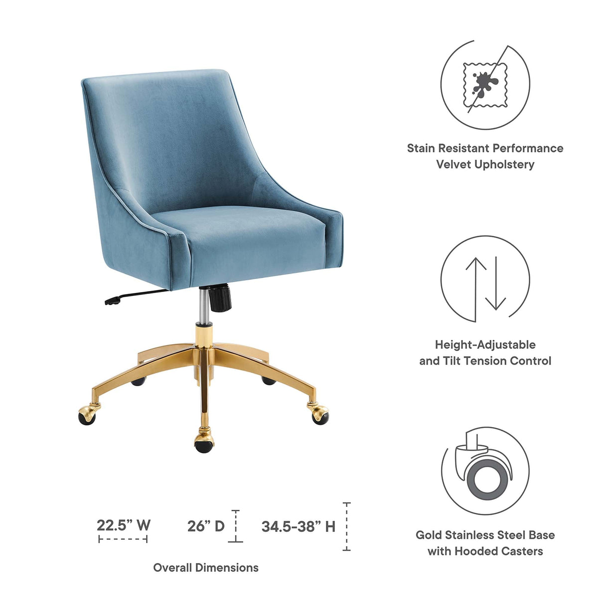 Discern Performance Velvet Office Chair by Modway blue velvet upholstery with gold base on Tampa Home & Garden Store