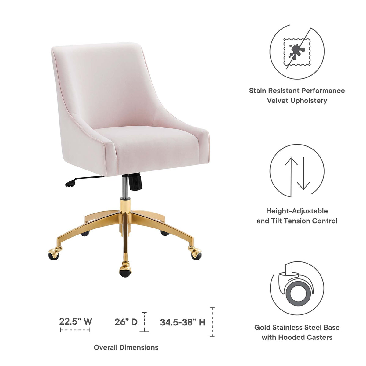Discern Performance Velvet Office Chair by Modway in blush pink velvet with gold base and casters on Tampa Home & Garden Store