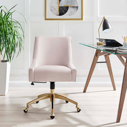 Discern Performance Velvet Office Chair in pink velvet with a gold base and caster wheels on Tampa Home & Garden Store