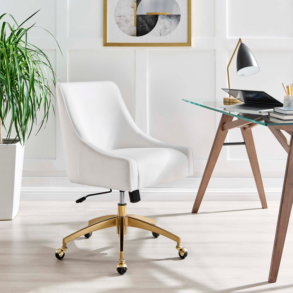 Discern Velvet Office Chair with white upholstery and gold base in modern workspace on Tampa Home & Garden Store
