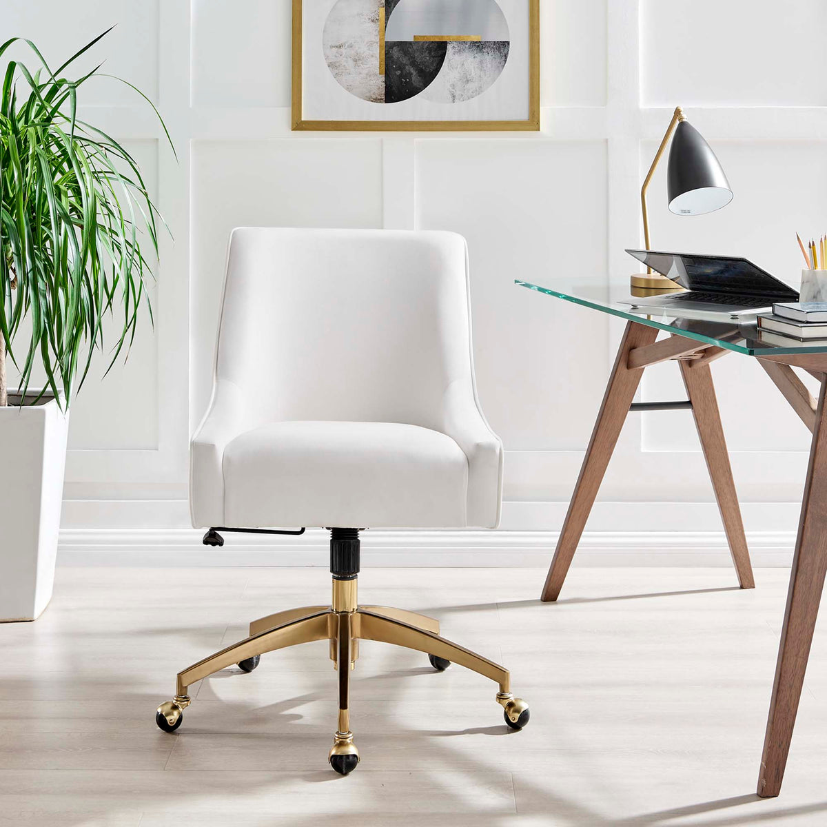 Discern Performance Velvet Office Chair by Modway white velvet with gold base on glass desk on Tampa Home & Garden Store