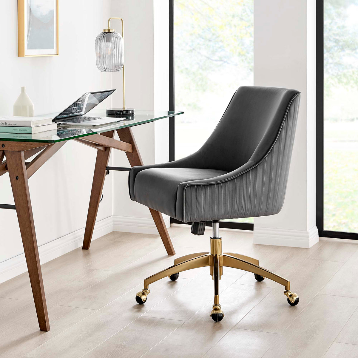 Discern Performance Velvet Office Chair by Modway in gray velvet with gold base and casters on Tampa Home & Garden Store