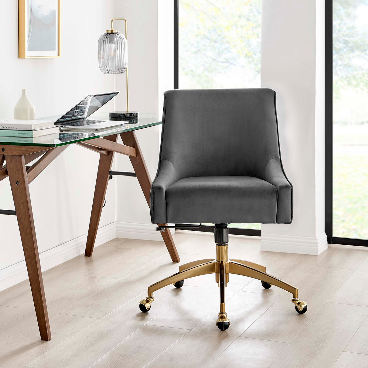 Discern Performance Velvet Office Chair gray velvet with gold base and 5 caster wheels on Tampa Home & Garden Store