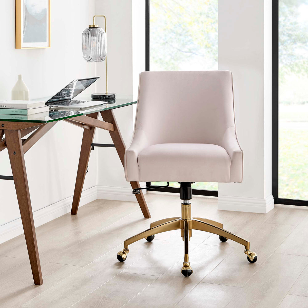 Discern Velvet Office Chair by Modway pink upholstery with gold base beside glass desk on Tampa Home & Garden Store