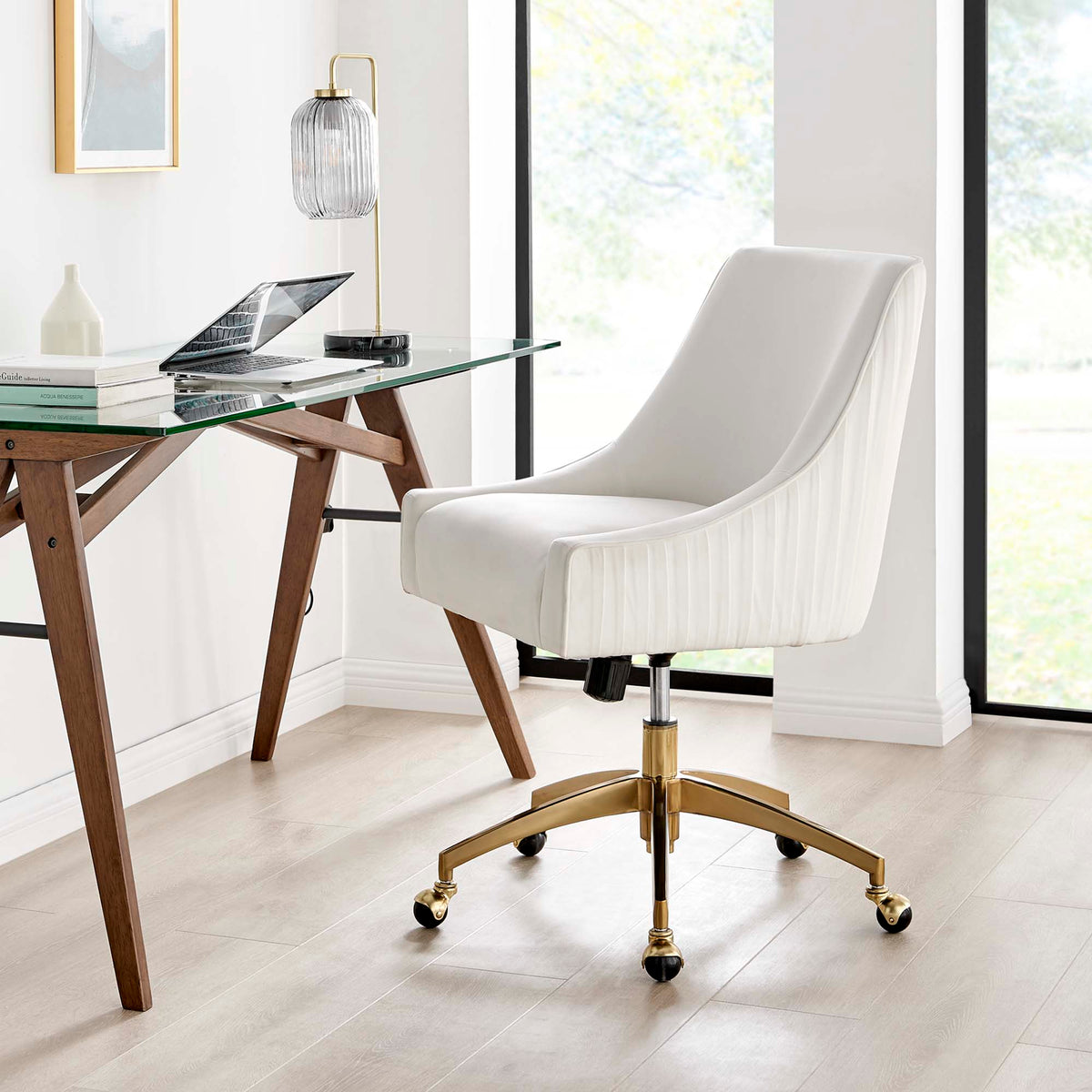 Discern Performance Velvet Office Chair by Modway in white velvet with gold base on glass desk on Tampa Home & Garden Store