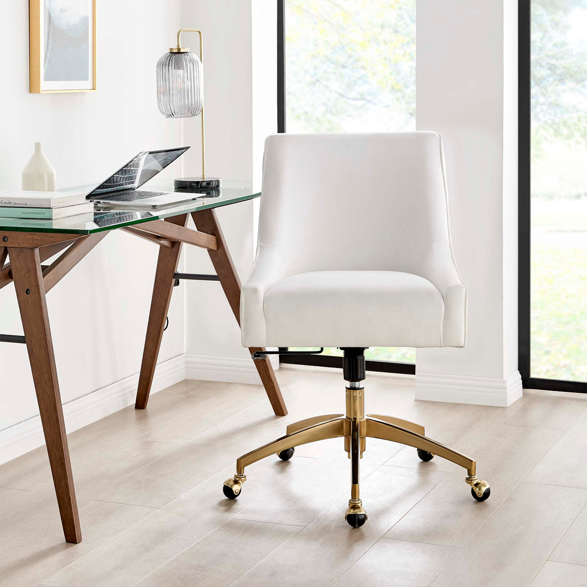 Discern Performance Velvet Office Chair by Modway white velvet, gold base, casters at desk on Tampa Home & Garden Store