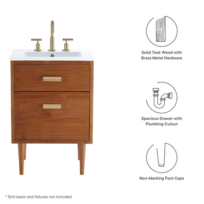 Cassia 24-inch teak wood bathroom vanity cabinet with white sink top and brass hardware on Tampa Home & Garden Store