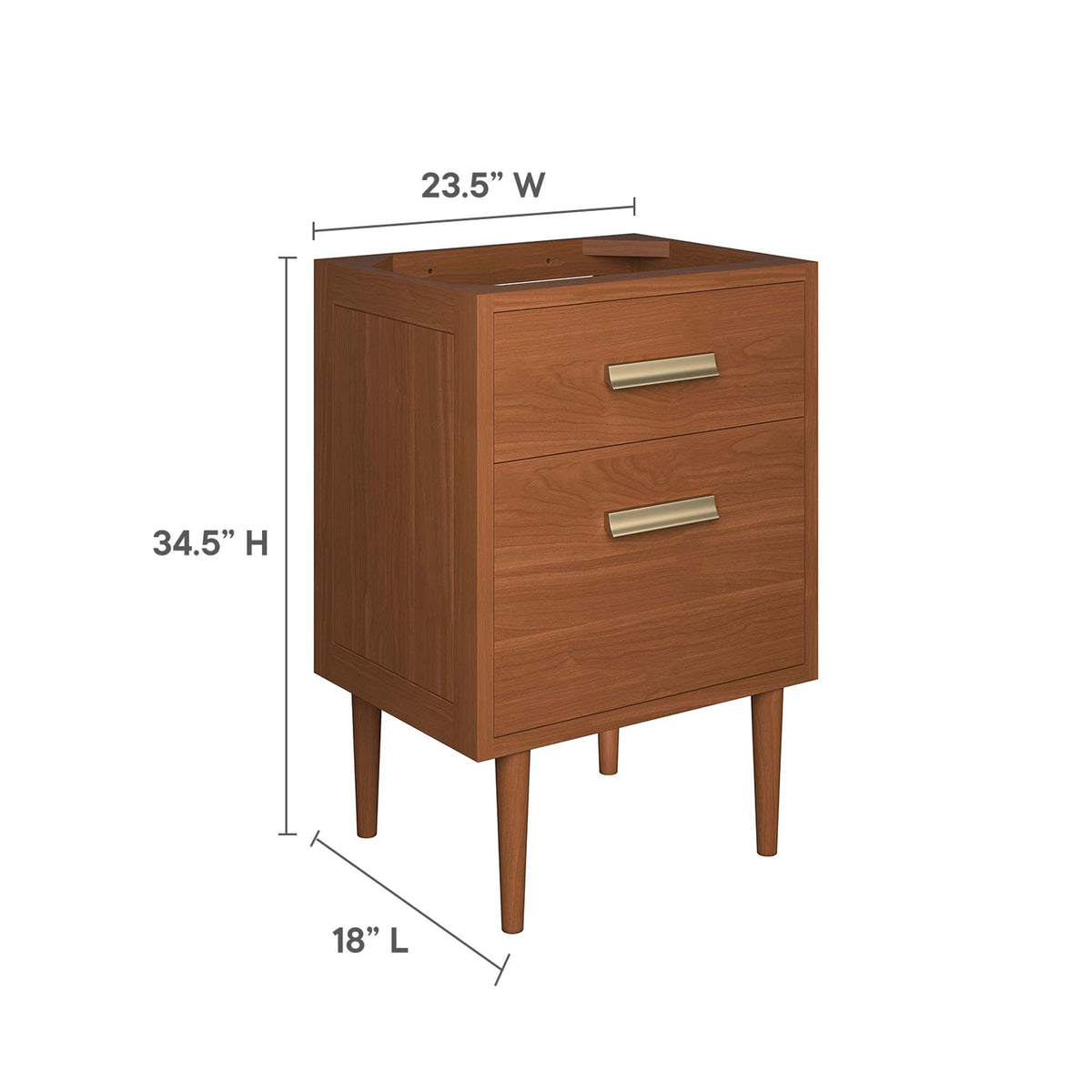 Cassia 24 in Teak Wood Bathroom Vanity Cabinet with three drawers and mid-century legs on Tampa Home & Garden Store