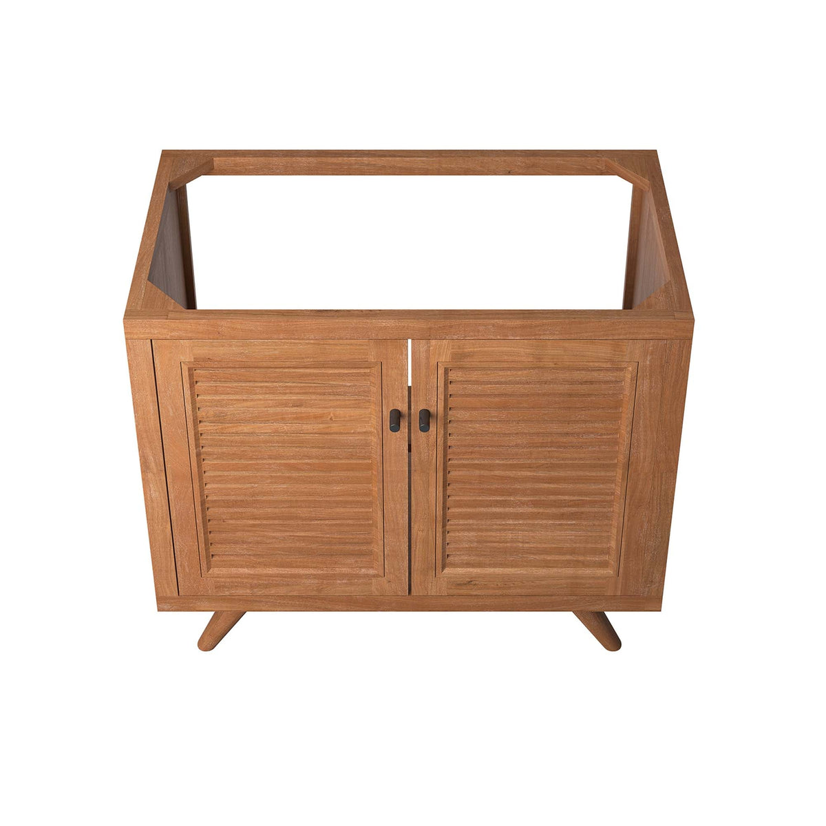 Birdie 36in teak wood bathroom vanity cabinet with two slatted doors and angled legs on Tampa Home & Garden Store