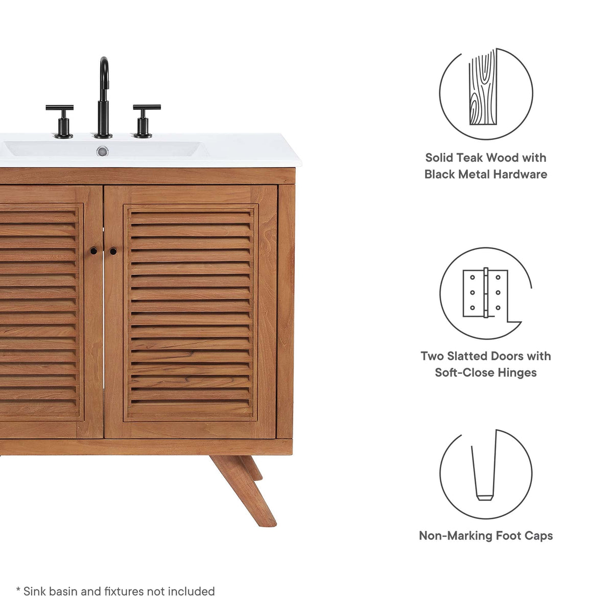 Birdie 36in teak wood bathroom vanity cabinet with black hardware and white sink on Tampa Home & Garden Store