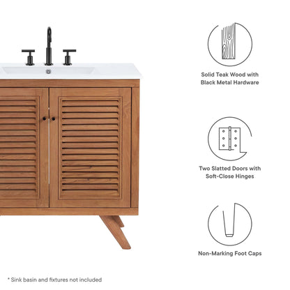 Birdie 36in teak wood bathroom vanity cabinet with black hardware and white sink on Tampa Home & Garden Store