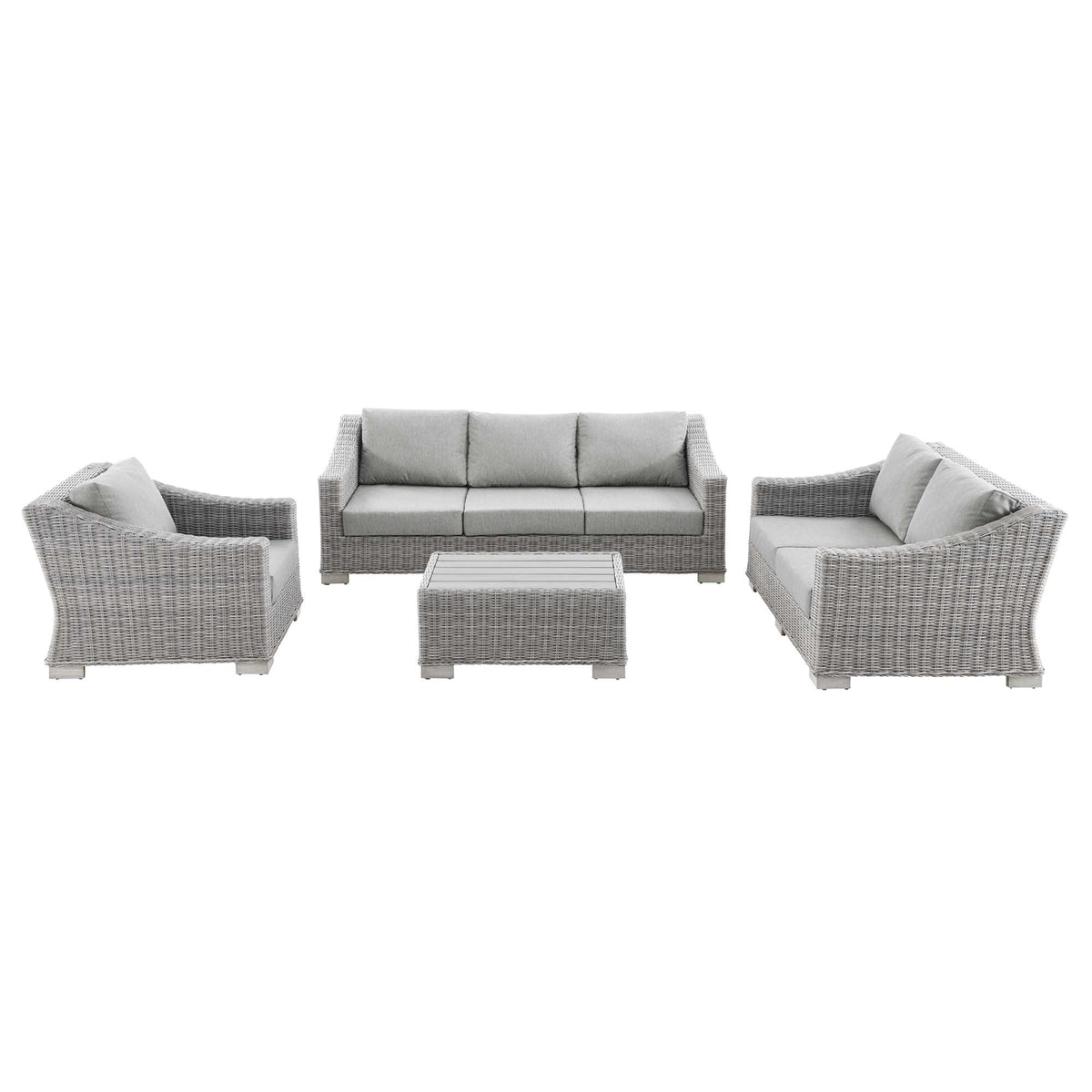 Conway 4-Piece outdoor wicker rattan furniture set with gray cushions and coffee table on Tampa Home & Garden Store