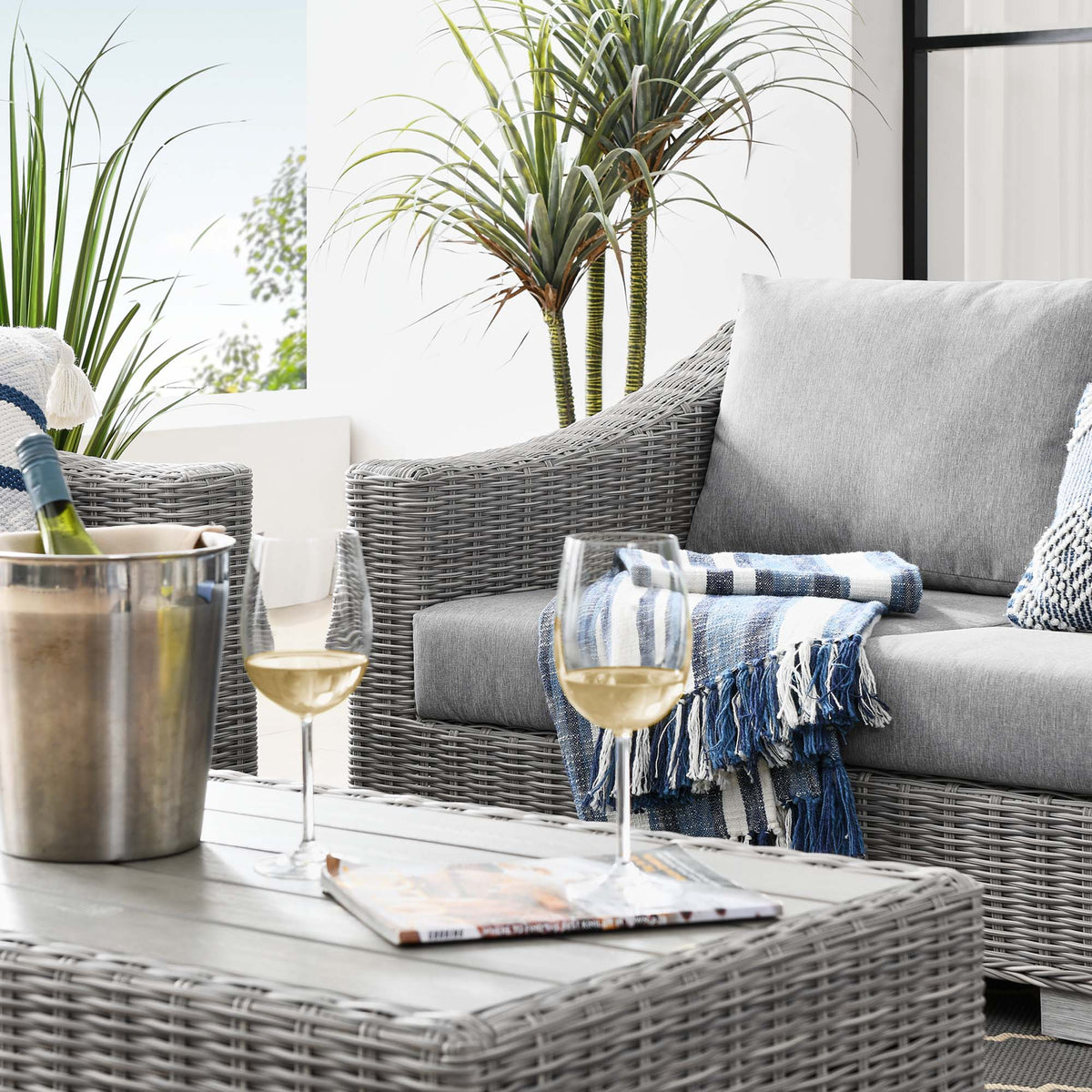 Conway 4-Piece Outdoor Wicker Rattan Sofa Sectional with gray cushions and glass table by Modway on Tampa Home & Garden Store