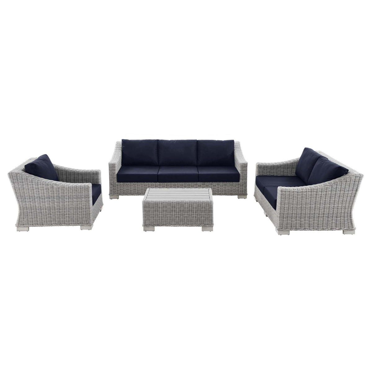 Conway 4-Piece wicker set with navy cushions; sofa and 2 armchairs with coffee table on Tampa Home & Garden Store