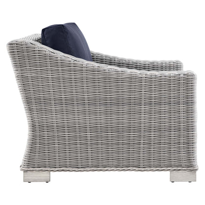 Conway 4-Piece outdoor wicker sofa set with navy cushions, gray weave, light wood legs on Tampa Home & Garden Store