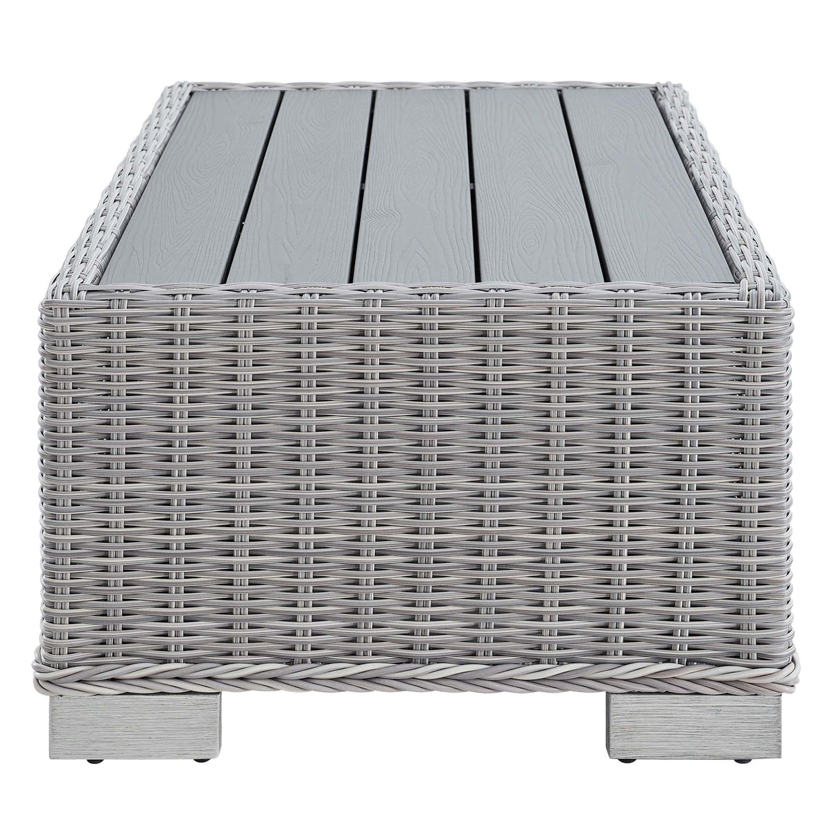 Conway 4-Piece outdoor wicker sofa table set in gray with wood-slats top HouseOfZazla on Tampa Home & Garden Store