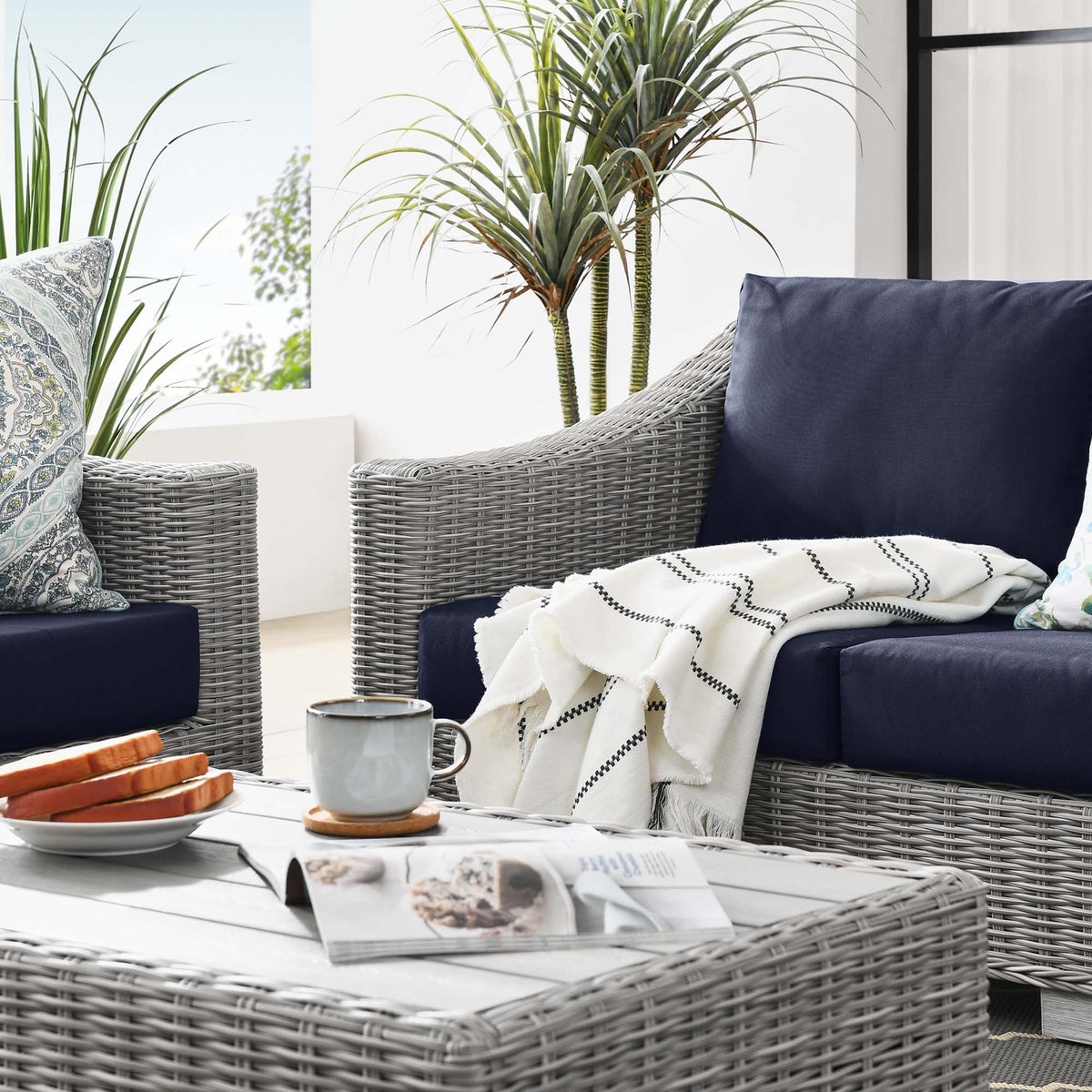 Conway 4-Piece Outdoor Patio Wicker Rattan Furniture Set by Modway with navy cushions and gray wicker sofa seating and side tables on Tampa Home & Garden Store