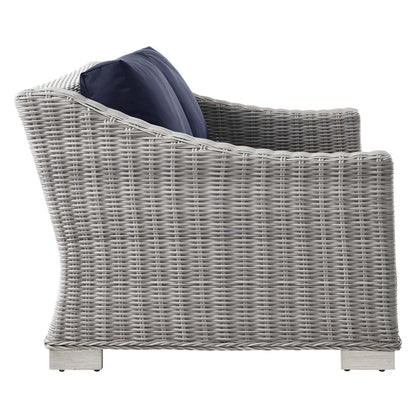 Conway 4-Piece outdoor wicker rattan sofa set with navy cushions on gray wicker on Tampa Home & Garden Store