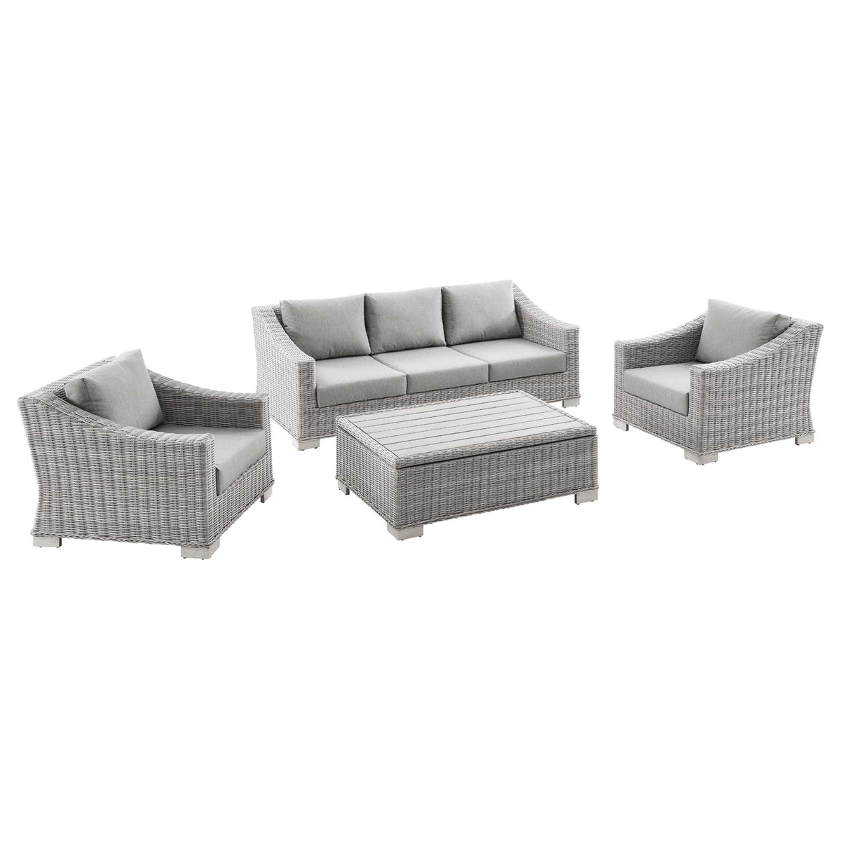 Conway 4-Piece Outdoor Wicker Rattan Set with grey cushions and coffee table on Tampa Home & Garden Store
