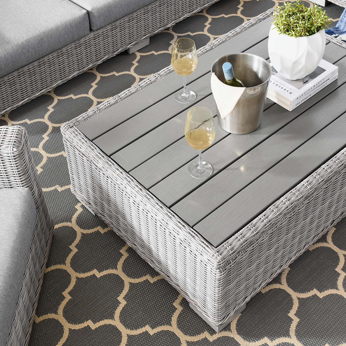 Conway 4-Piece Outdoor Patio Wicker Set with gray cushions on gray coffee table on Tampa Home & Garden Store