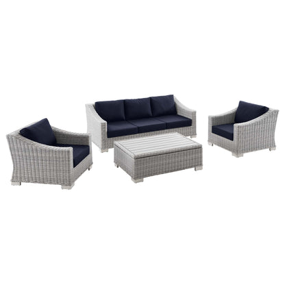 Conway 4-piece outdoor wicker set with navy cushions and slat coffee table on Tampa Home & Garden Store