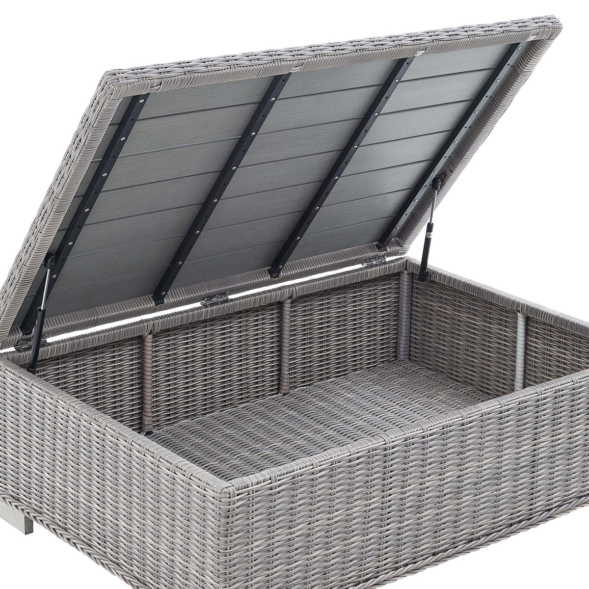 Conway outdoor wicker sofa table with lift-top in gray rattan weave on Tampa Home & Garden Store
