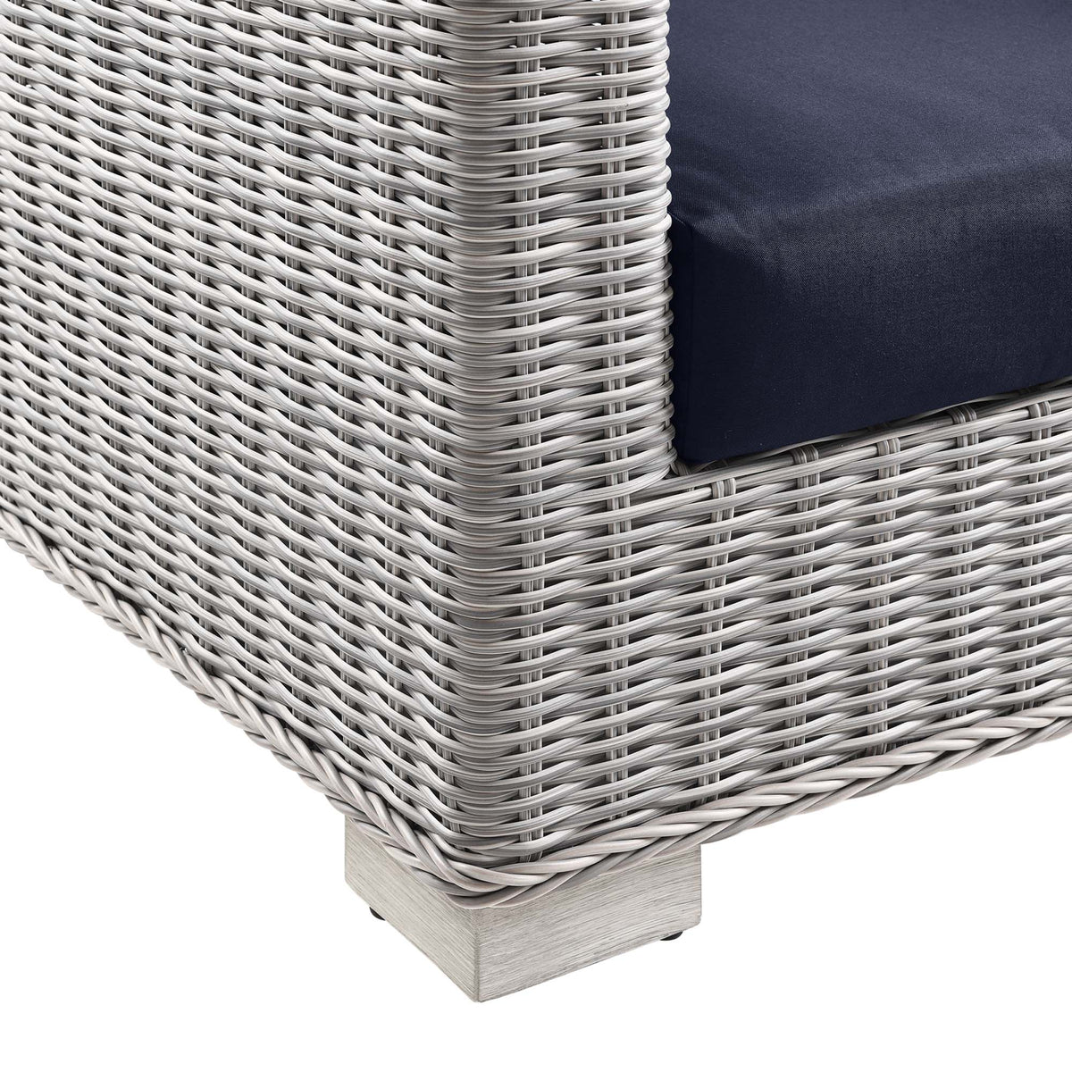 Conway 4-Piece Outdoor Wicker Rattan Furniture Set with navy cushions, close-up woven texture on Tampa Home & Garden Store