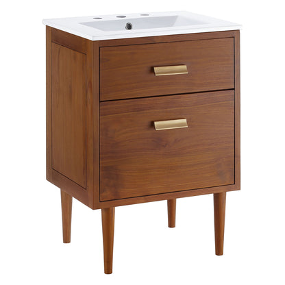 Cassia 24in bathroom vanity with white countertop sink, warm wood cabinet, brass bar pulls on Tampa Home & Garden Store