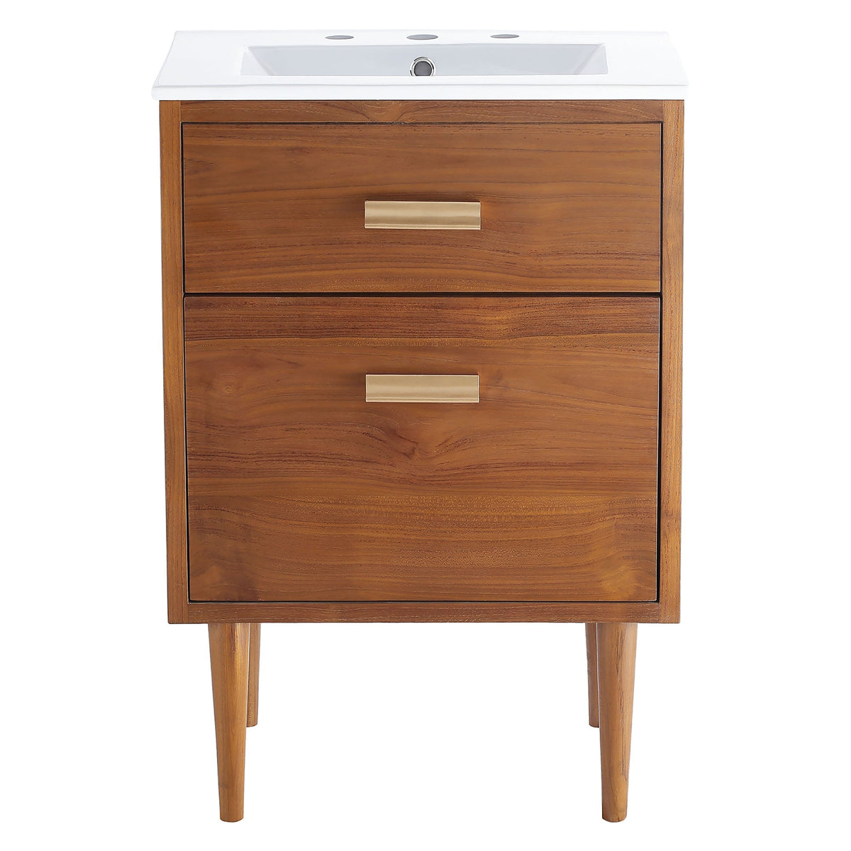 Cassia 24in bathroom vanity with white countertop and sink, walnut cabinet with gold pulls on Tampa Home & Garden Store