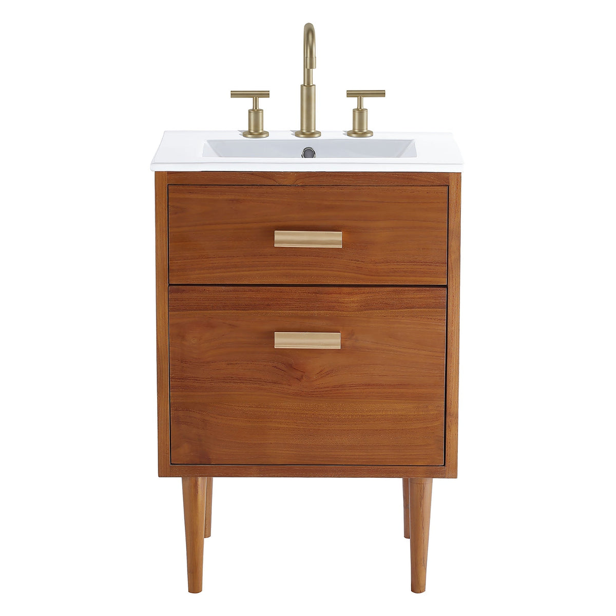 Cassia 24in bathroom vanity by Modway with white sink and brass faucet on warm wood cabinet on Tampa Home & Garden Store