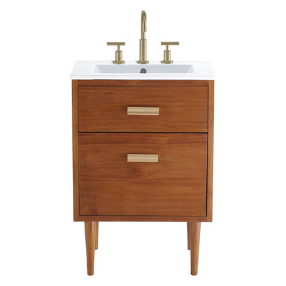 Cassia 24in bathroom vanity by Modway with white sink and brass faucet on warm wood cabinet on Tampa Home & Garden Store