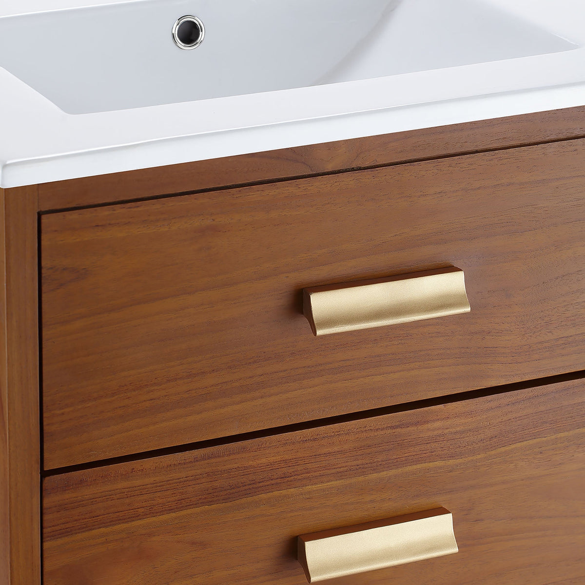 Cassia 24in bathroom vanity by Modway with white countertop and warm wood base, gold handle on Tampa Home & Garden Store