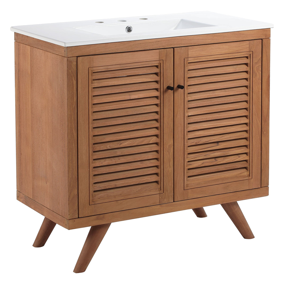 Birdie 36in bathroom vanity by Modway, white top, natural wood cabinet with slatted doors, black knobs on Tampa Home & Garden Store