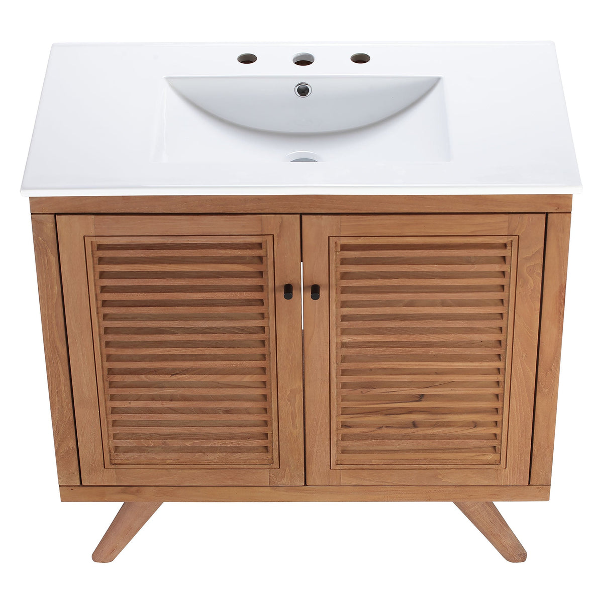 Birdie 36in bathroom vanity with white sink and slatted wood cabinet doors on Tampa Home & Garden Store