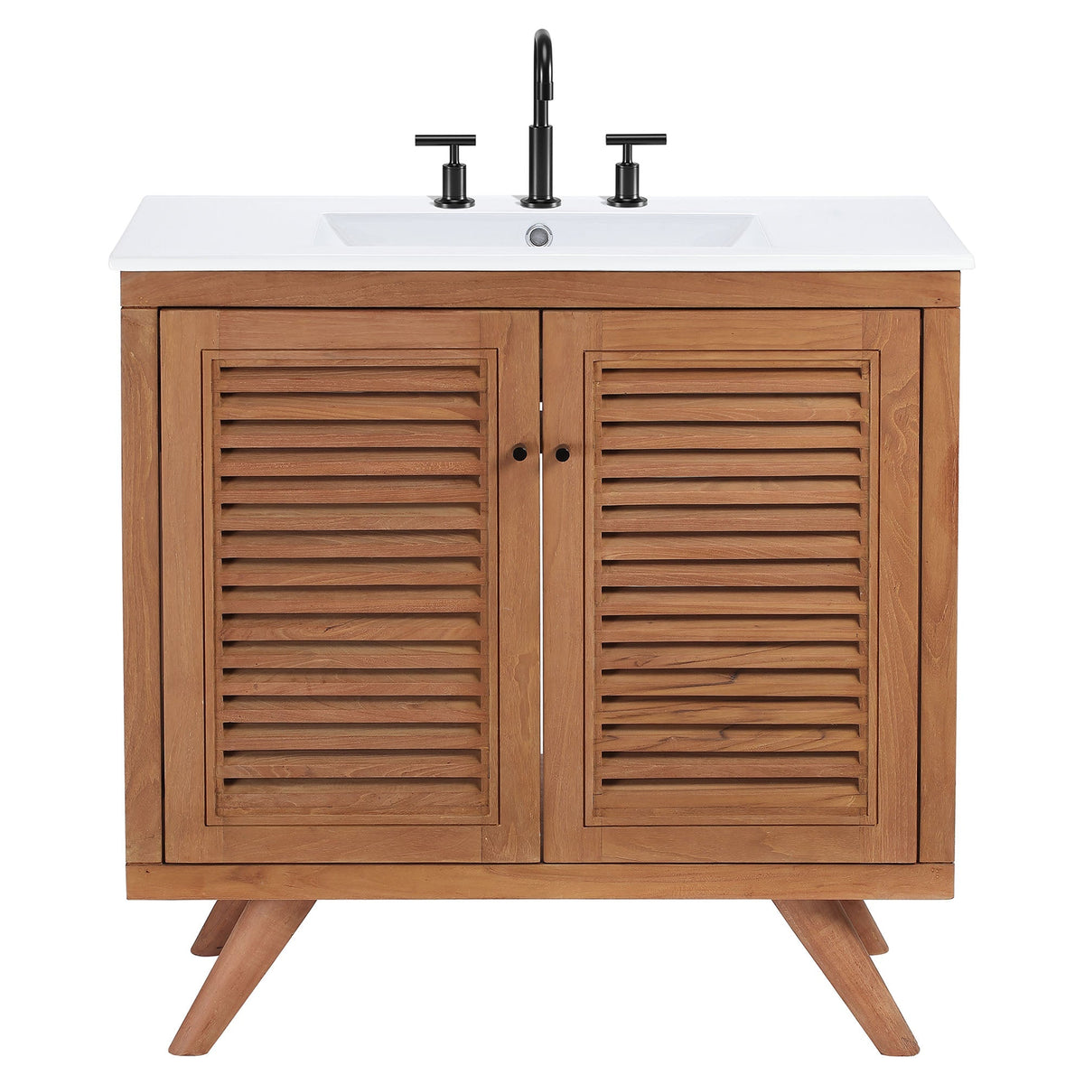 Birdie 36in bathroom vanity by Modway with white top, black faucet, slatted wood doors on Tampa Home & Garden Store