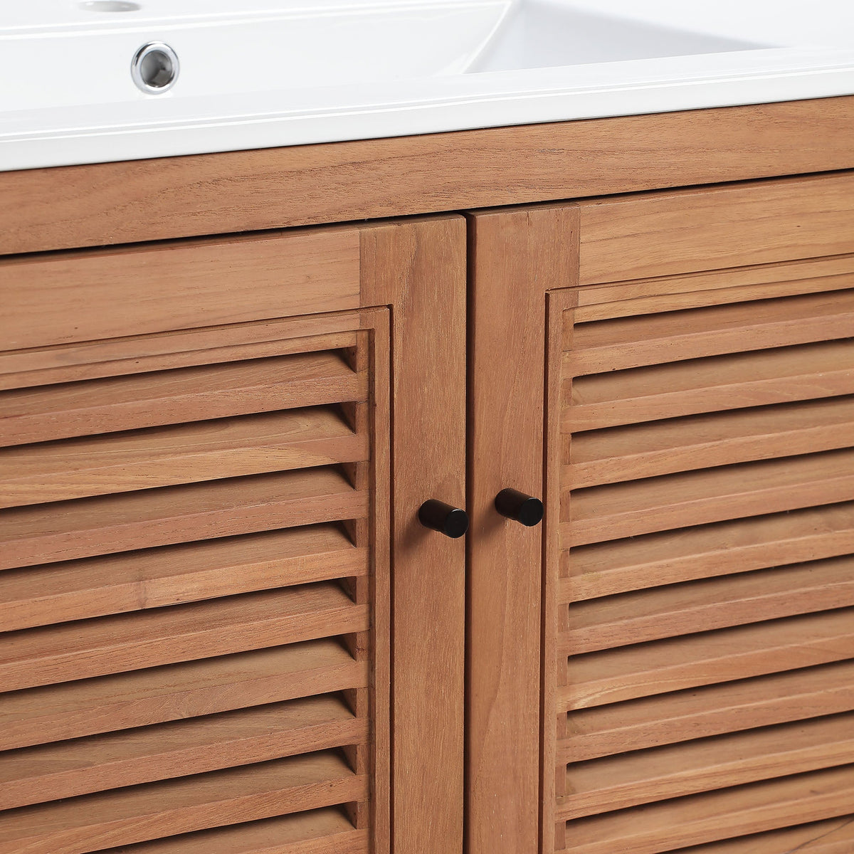 Birdie 36in bathroom vanity with white top and natural wood slatted doors on Tampa Home & Garden Store