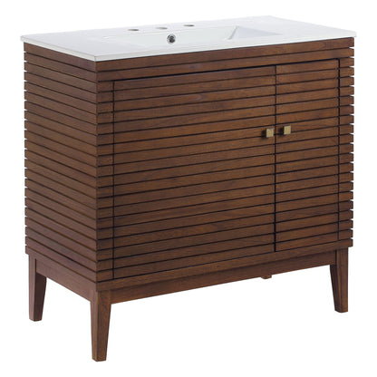 Ledger 36in bathroom vanity with white sink atop dark wood slatted cabinet HouseOfZazla on Tampa Home & Garden Store