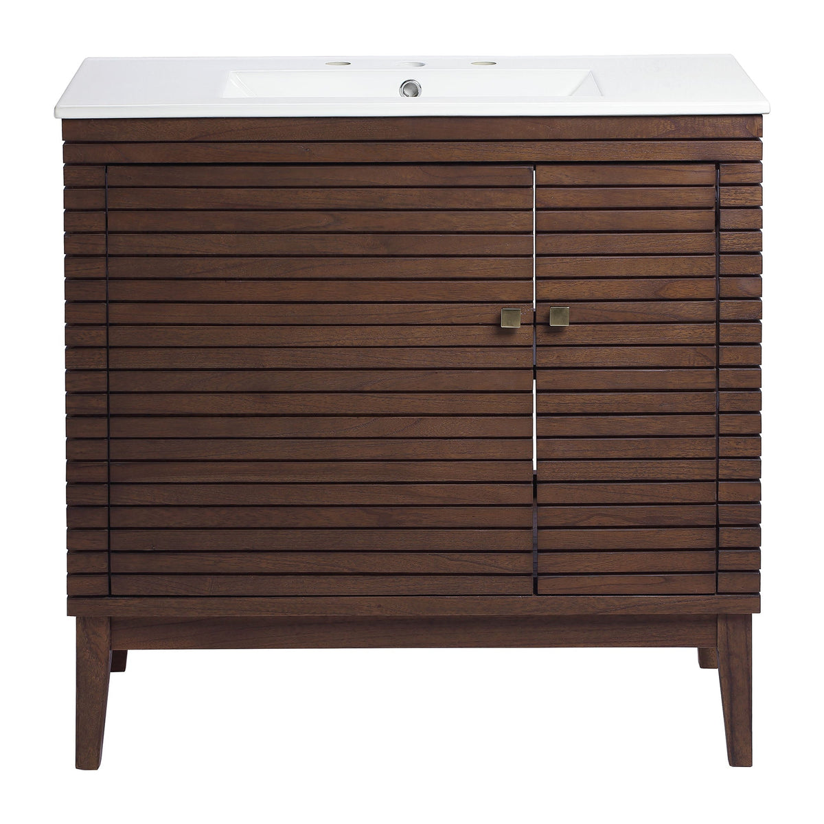 Ledger 36in bathroom vanity by Modway, dark wood slat cabinet with white top and sink on Tampa Home & Garden Store