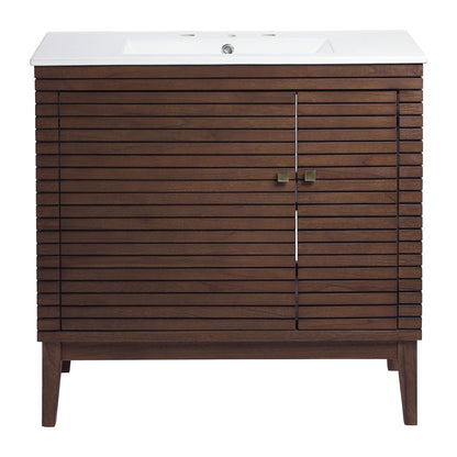 Ledger 36in bathroom vanity by Modway, dark wood slat cabinet with white top and sink on Tampa Home & Garden Store