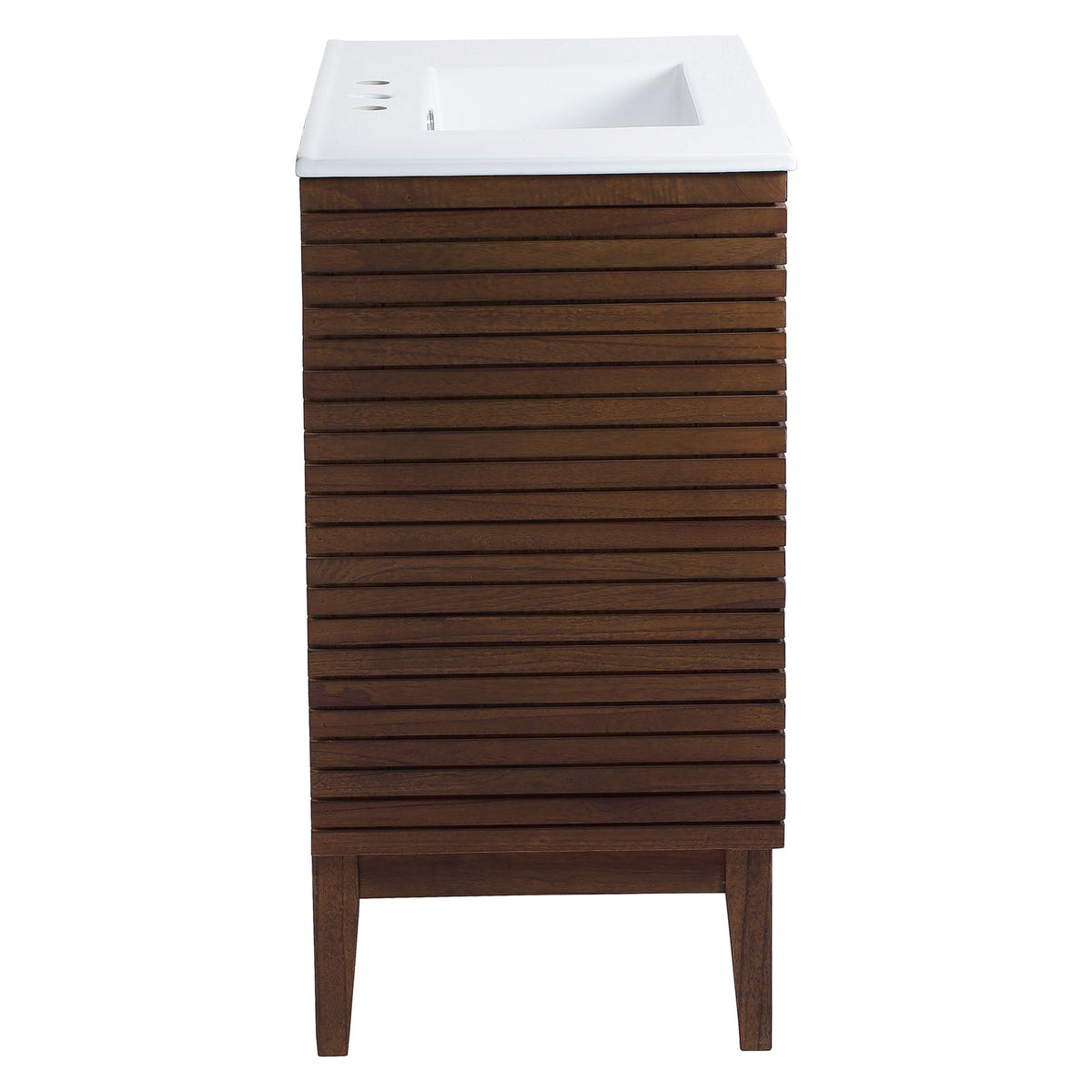 Ledger 36in bathroom vanity with white sink and dark wood slatted base on Tampa Home & Garden Store