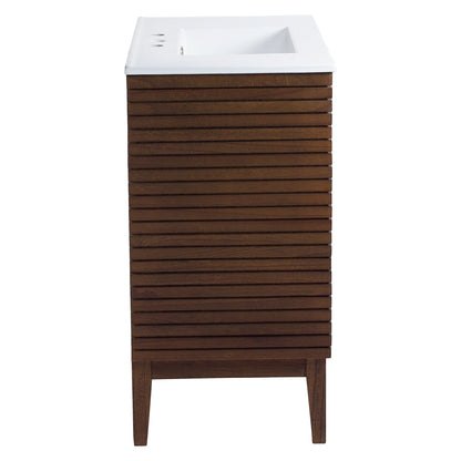 Ledger 36in bathroom vanity with white sink and dark wood slatted base on Tampa Home & Garden Store