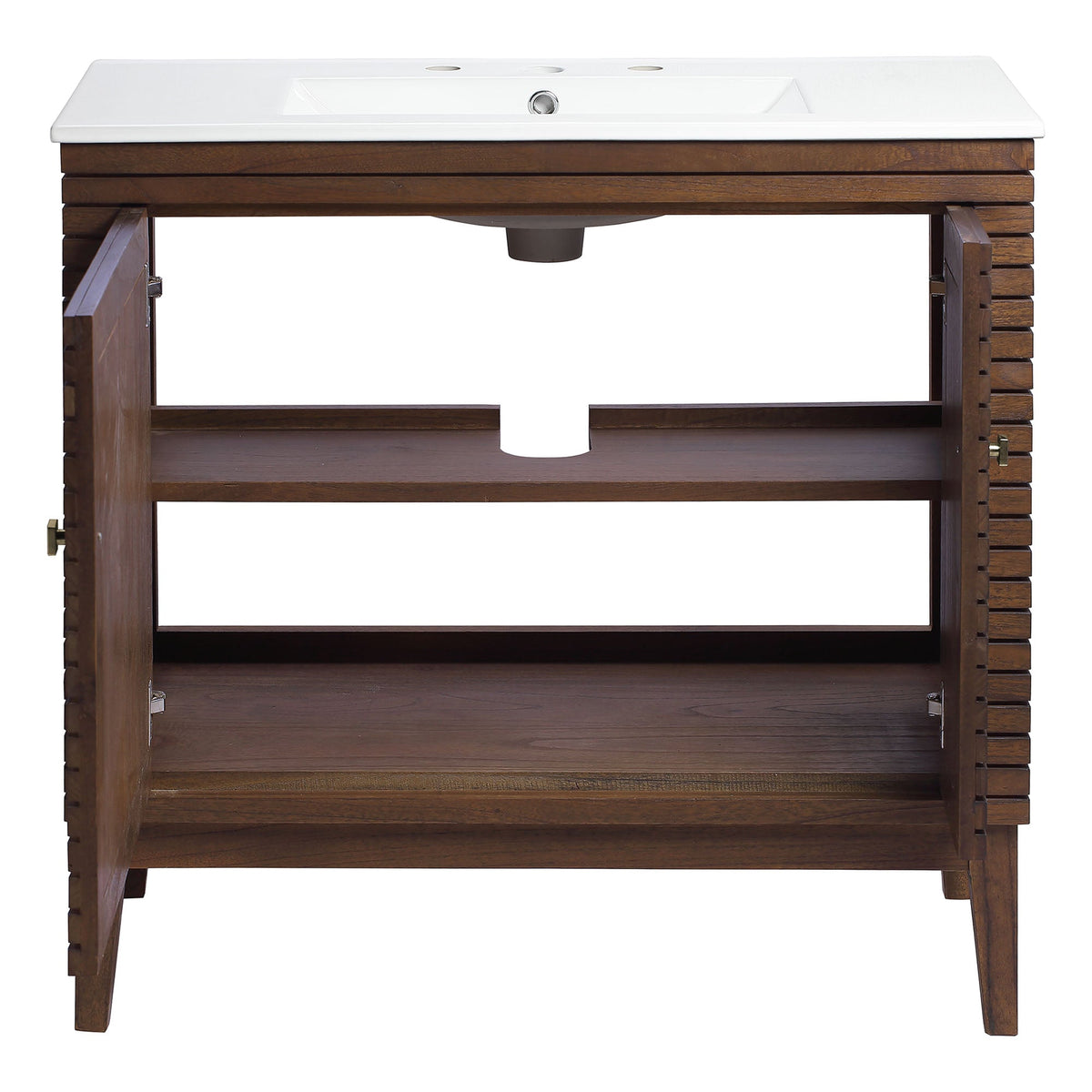 Ledger 36in bathroom vanity by Modway with white sink and dark walnut slatted base on Tampa Home & Garden Store