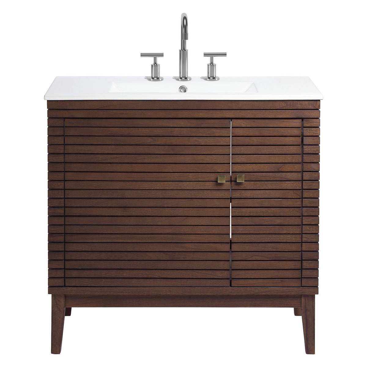 Ledger 36in Bathroom Vanity by Modway with white sink, chrome faucet, dark wood slatted cabinet on Tampa Home & Garden Store