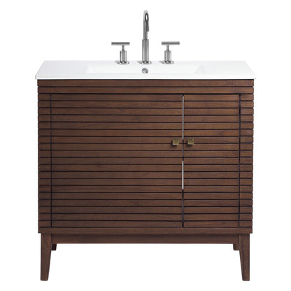 Ledger 36in Bathroom Vanity by Modway with white sink, chrome faucet, dark wood slatted cabinet on Tampa Home & Garden Store