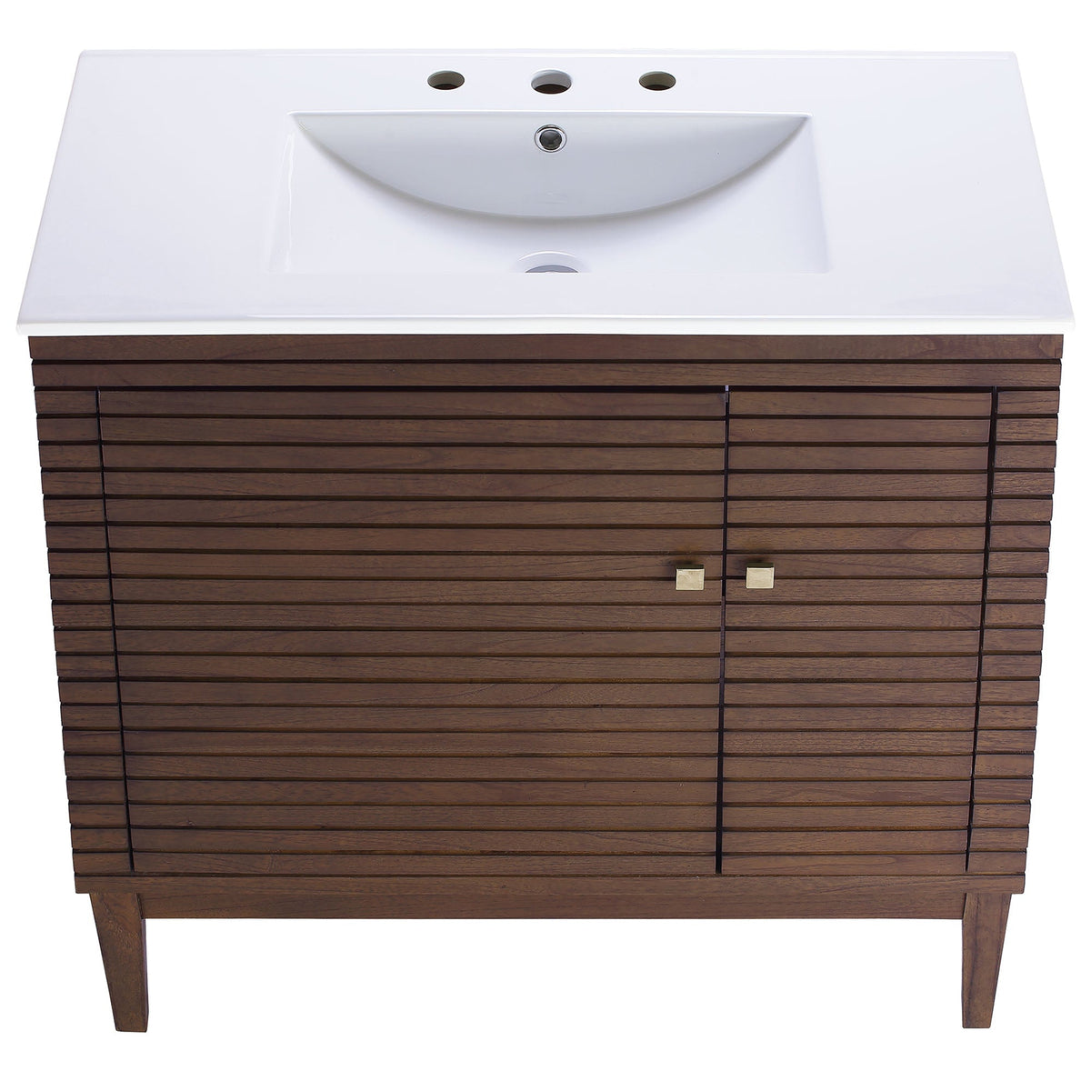 Ledger 36in bathroom vanity by Modway with white sink and dark brown slatted wood base on Tampa Home & Garden Store