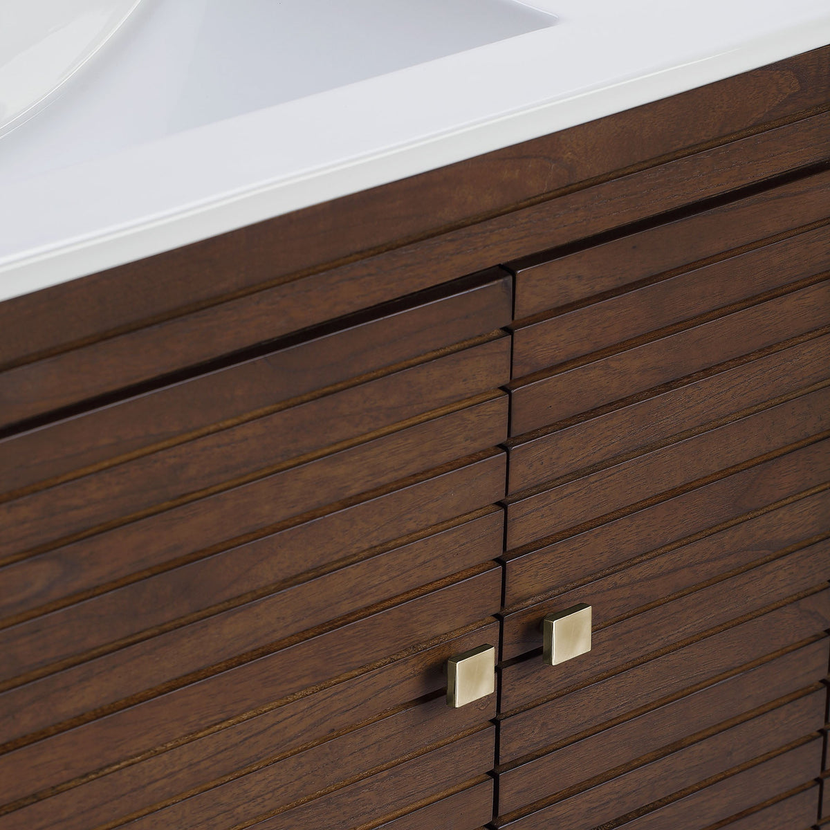 Ledger 36in bathroom vanity by HouseOfZazla in dark wood with white top and gold square pulls on Tampa Home & Garden Store