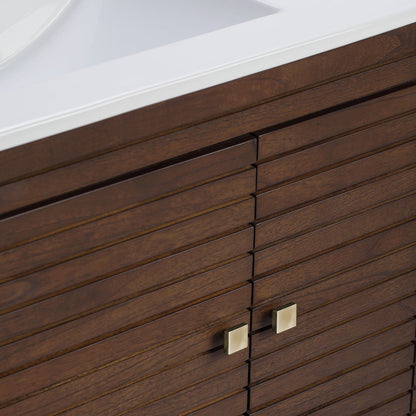 Ledger 36in bathroom vanity by HouseOfZazla in dark wood with white top and gold square pulls on Tampa Home & Garden Store
