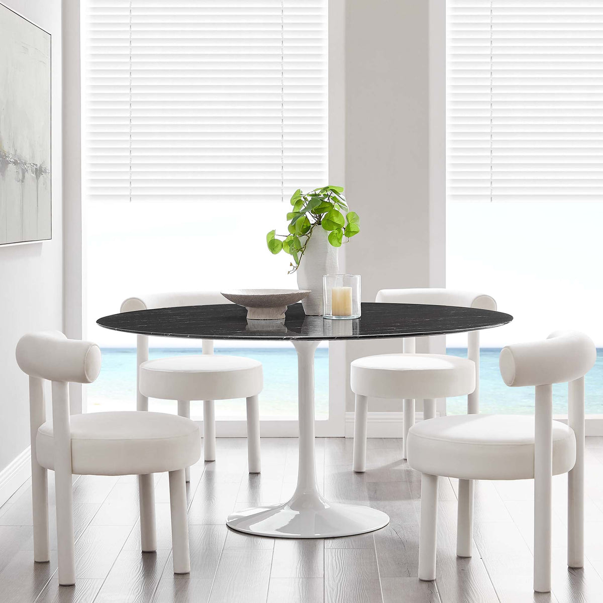 Lippa 60in round faux marble dining table with black top and white pedestal base, 6 white chairs on Tampa Home & Garden Store