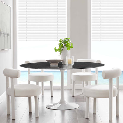 Lippa 60in round faux marble dining table with black top and white pedestal base, 6 white chairs on Tampa Home & Garden Store